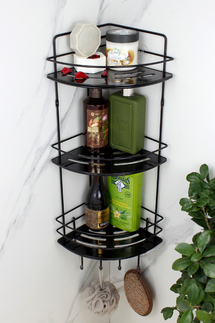 Black Triple Wire Shampoo Holder with Stainless Steel Wire Hanger and Crystal Shelf Adhesive Bathroom Corner Shower Shelf