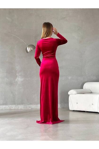 merlavin Women's Red Velvet Fabric Slit Evening Dress- Trendyol