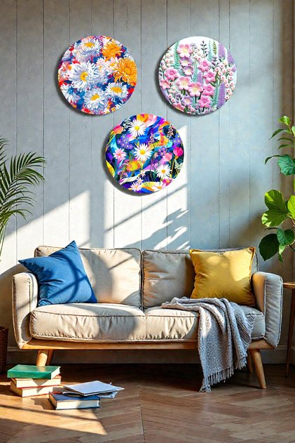 3-Piece Round Flower Motif Mdf Painting Set, Living Room, Hall, Office, Home Wall Painting Decor