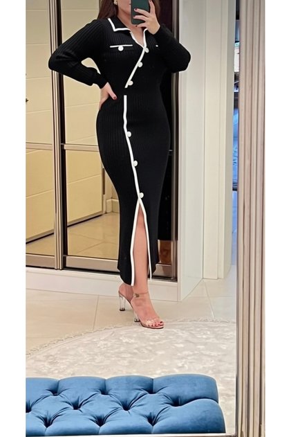 Slit Detail Corded Fabric Polo Collar Trendy Black Dress
