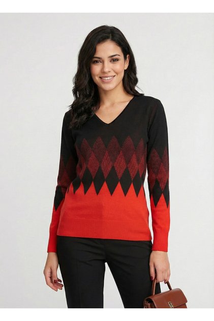 Women's Red Diamond Patterned V-Neck Sweater