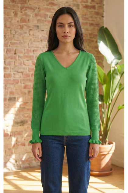 Women's Green Sleeves Glitter Detail V-Neck Sweater