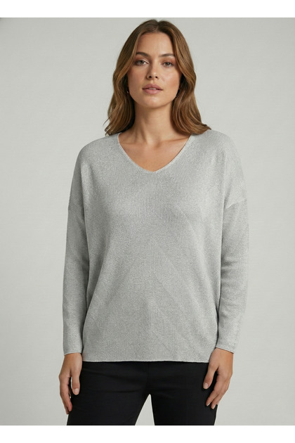 Women's White-Silver Silvery Zigzag Patterned Knitwear Sweater