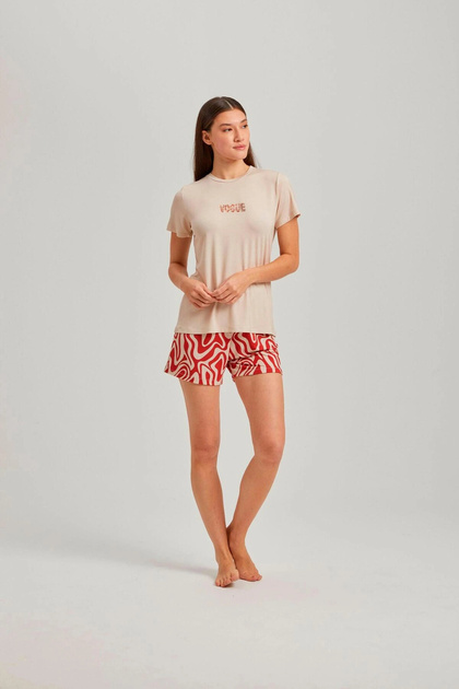 Stone Color Crew Neck Vogue Printed Wave Pattern Viscose Shorts Women's Pajamas Set