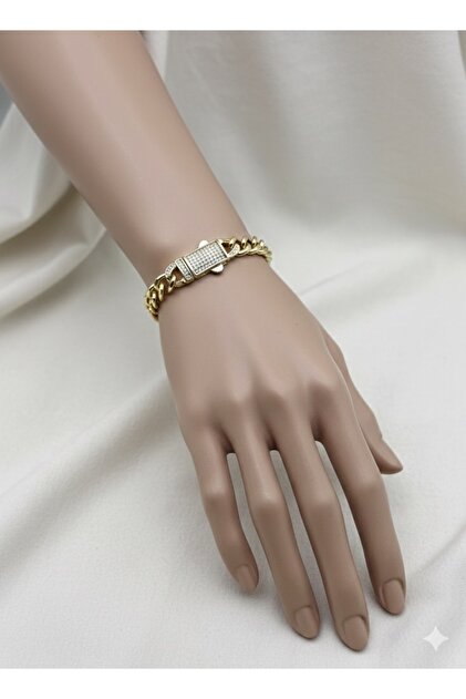 Zirkon Taş Detaylı Gurmet Gold Çelik Bileklik (14K GOLD/17 2CM)
