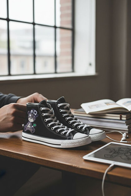 Lideral Unisex Siyah Beyaz Spor Kuromi Korsan Ayıcık Baskılı