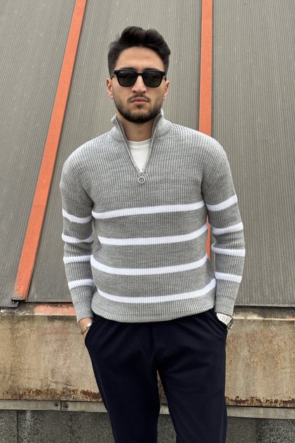 Line Pattern, Half Zipper, Stand Collar, Knitwear Knit, Pattern Tracking, Winter Sweater 24Pltk08