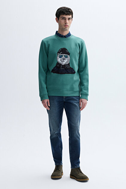 Erkek Yeşil Nakışlı Bisiklet Yaka Sweatshirt