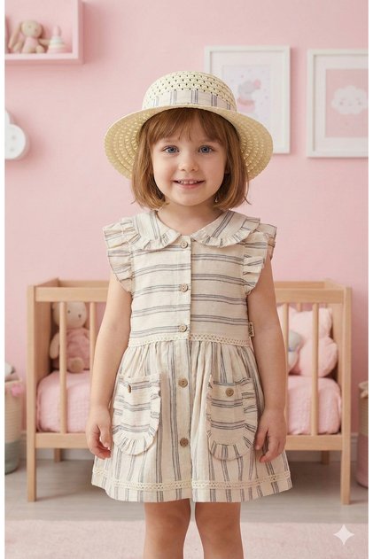 Girl's Ruffled Striped Dress and Hat Set (1-2-3-4 Years Old)
