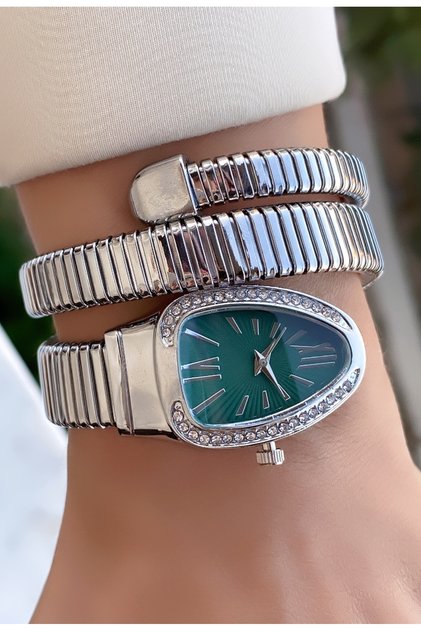 Silver Color Green Dial Snake Watch, Wrap Around Watch, Women's Wristwatch