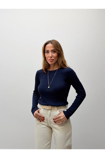 Women's Hair Knit Basic Navy Blue Knitwear Sweater