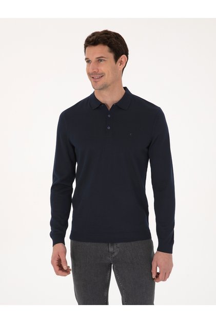 Navy Blue Slim Fit Wool Blend Polo Neck Basic Knitwear Sweater 50315267-Vr033