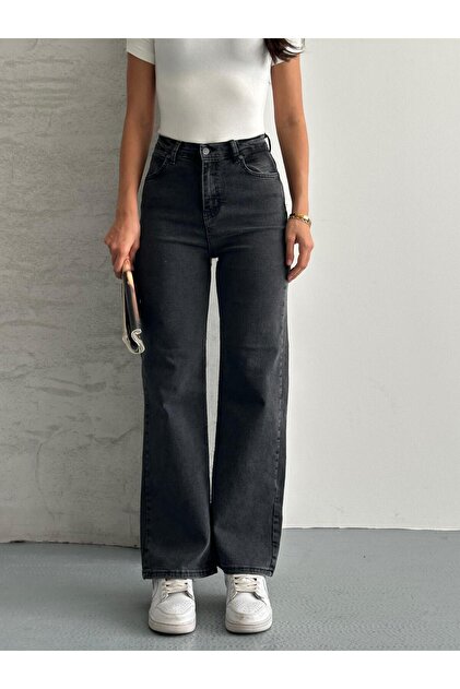 modazoom Jesus 90's Kadın Füme Likralı Bol Paça Jean Salaş Wide