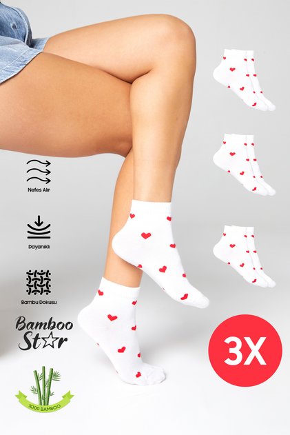 Bamboo Women's White Half Socks Stitch-Free Heart Patterned White Socks 3-Piece Premium Pack