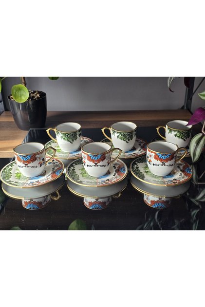 Handmade Porcelain Hybrid - 6 - 6 Person Double Patterned Turkish Coffee Set