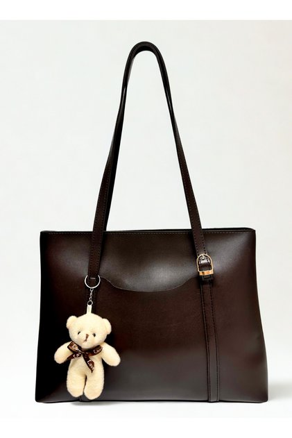 Women's Zippered Brown Shoulder and Shoulder Bag with Bear Accessory