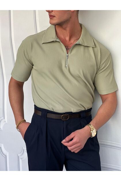 Men's Green Slim F Corded Fabric High Quality Zipper Detailed O Oversized Tshirt