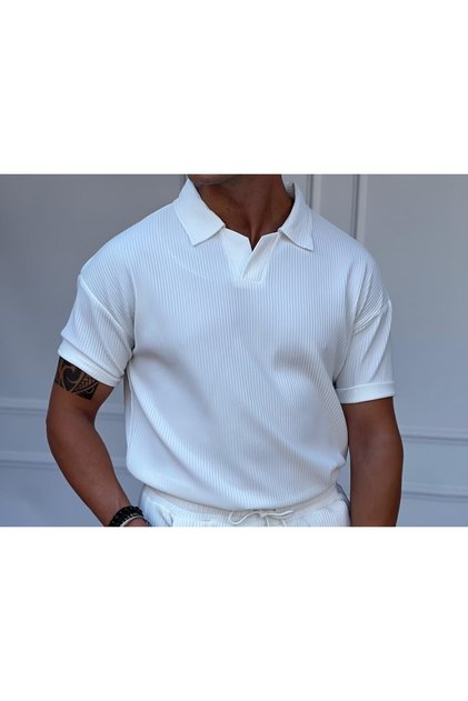 Erkek Beyaz Fitil Desen Kesik Yaka Oversıze T-shirt