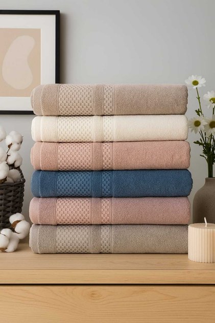 Honeycomb Patterned 50*90 cm Set of 6 Hand and Face Towels - Towel Set - Dowry - Gift - Kitchen 100% Cotton