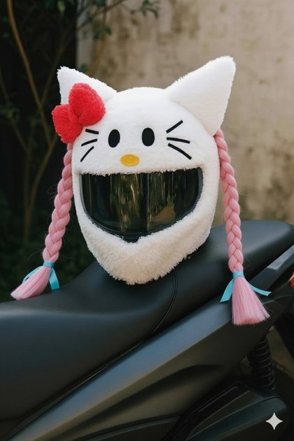 Pembe Saçlı Hello Kitty Peluş Kask Kılıfı kask Süsü