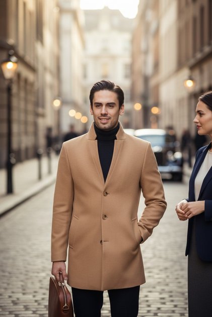 Bergamo Erkek Camel Regular Fit Dik Yaka Kaşe Kaban