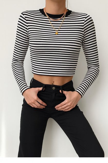 Kadın Fitilli %100 PAMUKLU Bisiklet Yaka Çizgili Örme Kaşkorse Uzun Kol Crop Bluz