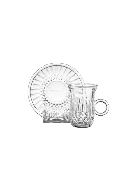 Tea set consisting of 6 cups + 6 saucers made of clear glass with elegant and modern engravings