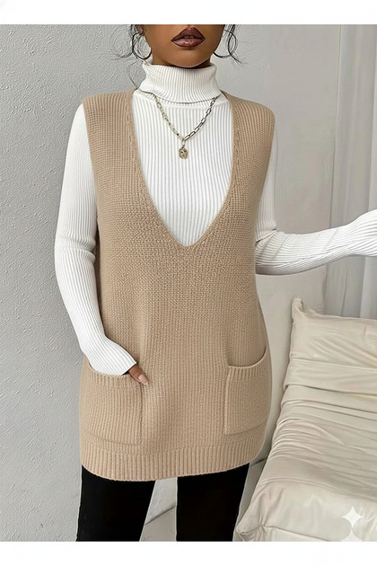 Women's Deep V-Neck Pocketed Knitwear Sweater Vest Sweater Smlxl Size Compatible Length 85 cm
