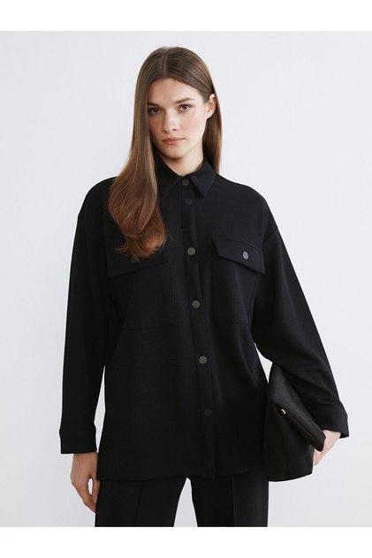 Black Shiny Textured Oversized Women's Shirt Tunic