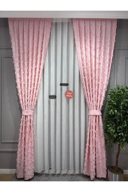 Embroidered Modern Candy Pink Pompom Background Curtain Sparse Pleated Single Panel 1/2 + Laces Gift