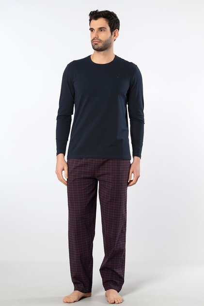 Men's Poplin O Neck Long Sleeve Pajama Set 2239/Burgundy 1
