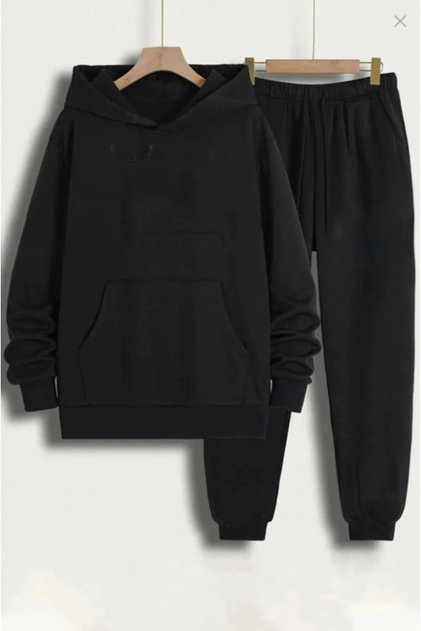 Printless Black Kangaroo Pocket Hooded Sweatshirt and Trackpants Set