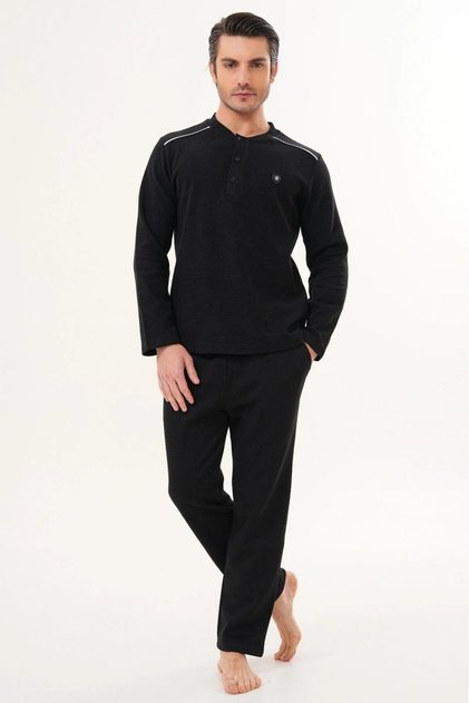 Men's Black Crew Neck Half Buttoned Thessaloniki Fabric Winter Plus Size (Oversized) Pajama Set