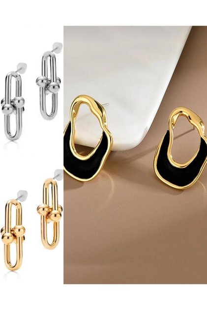 3-Piece Combination Set: Gold and Silver Color Tiffany Earrings | Asymmetrical Earrings | Trend Accessories