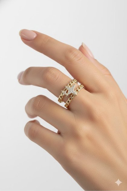 Brass Women's Ring Gold Color 2-Piece Chain Star Figure Non-Tarnish | Stylish and Durable Jewelry