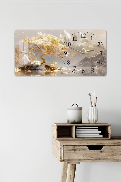 3D Görünümlü 2D UV Baskı Yatay Temperli Cam Saat Tablo 60x30 Cm – Altın Ağaç Manzarası- YSG017