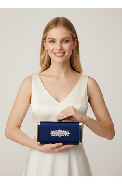 Navy Blue Full Metal Frame and Crystal Embroidered Glitter Satin Evening Dress Bag