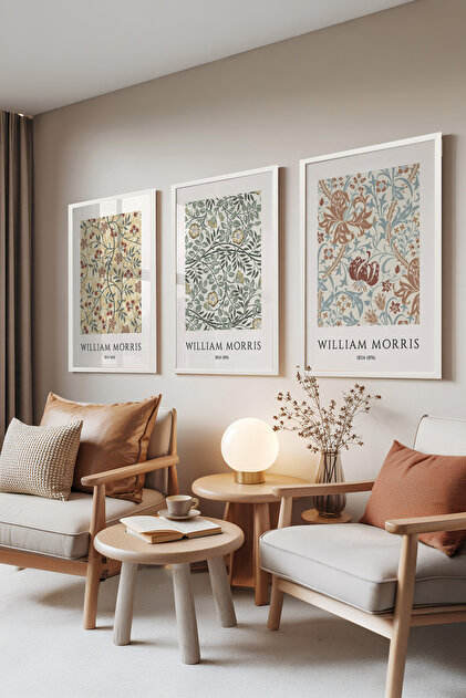 Beyaz Çerçeveli 3’lü Tablo Seti, William Morris Desenleri – Floral Stil, Salon Set No: 30121