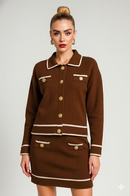 Women's Knitwear Gold Buttoned Skirt Bottom Top Set