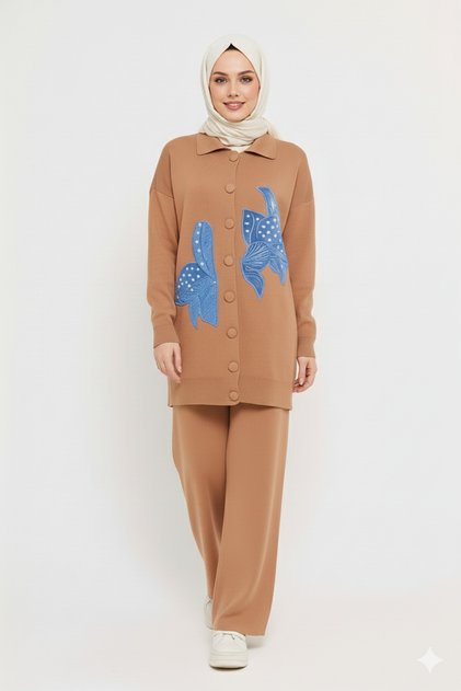 Women's Denim Detailed Pearl Embroidery Knitwear Jacket Pants Set