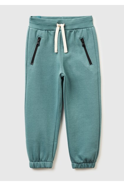 Boy's Grey-Green Zipper Pocket Drawstring Ribbed Regular Fit Sweatpants