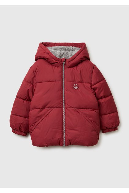 Boy's burgundy jacket with logo patch on left chest, front pocket detail, and zipper closure.