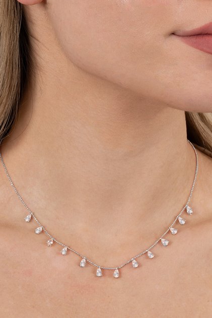 925 ayar gümüş kolye rodyumlu zirkon taşlı top zincirli damlalı kolye SGTL13146RODAJ