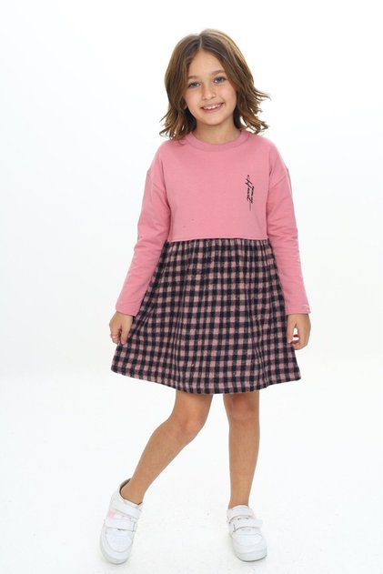 Girl's Printed Relax Fit Crew Neck Long Sleeve Dress - Color Block