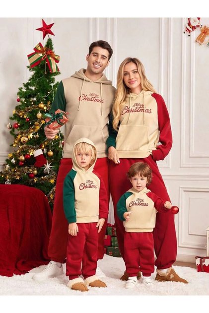 Unisex Two-Color Merry Christmas Print Family Matching Top and Bottom Set (Sizes Must Be Added Separately to the Cart)