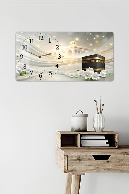 3d Görünümlü Temperli Cam Saat Tablo – Kâbe ve Mescid-i Haram Teması Uv Baskı 60x30 Cm-YSL022