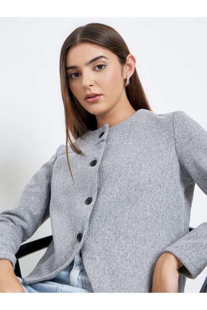 Women Grey Plain Button Front Regular Fit Wool Jacket
