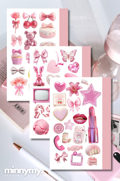 3'lü Pink Collection Sticker, Çıkartma, Ajanda, Günlük, Planlayıcı, Bullet Journal ,Scrapbook