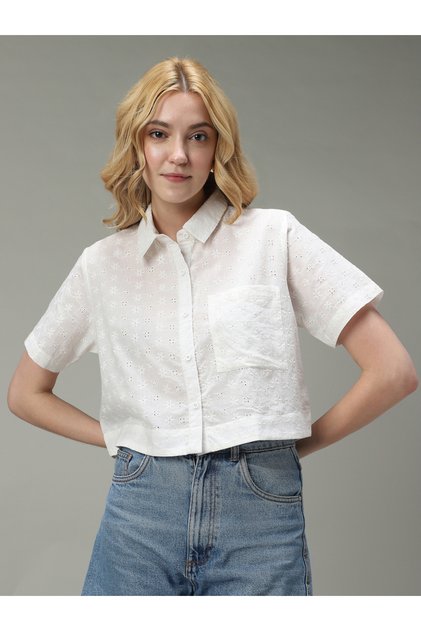 White Schiffli Crop Shirt