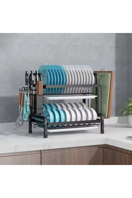 Suport de vase din oțel inoxidabil cu 2 niveluri – Organizator pentru farfurii, boluri și tacâmuri, negru, 40x25x40 cm